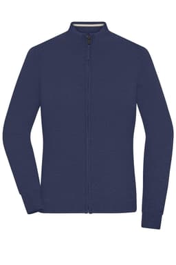 A navy blue ladies zip-cardigan featuring a full zip front and long sleeves, with a simple design.