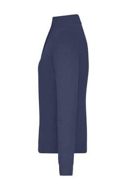 A navy blue ladies zip-cardigan with a high collar and long sleeves, featuring a logo on the side.