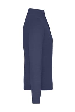 A zip cardigan for ladies in navy blue, featuring a smooth, fitted design and long sleeves. It has a logo on the fabric.