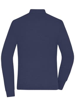 A navy blue ladies zip-cardigan with a stand-up collar, featuring long sleeves and a smooth texture on the back.