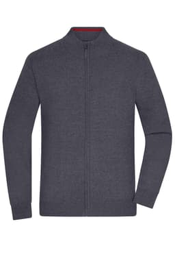 A grey zip cardigan with long sleeves and a high collar, featuring a subtle inner colour detail and a logo.