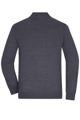 A men's zip cardigan in dark grey, featuring long sleeves and a high collar, with a logo on the back.