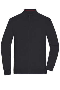 A men's zip cardigan in black, featuring a front zip and a collar. It has long sleeves and a casual style.