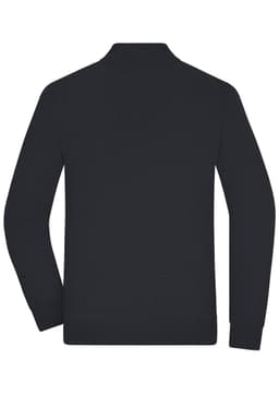 A men's zip cardigan in dark grey, featuring long sleeves and a high collar. It has a logo on the back.