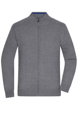 A grey zip cardigan with long sleeves and a high collar. Features a zip closure and has a branding logo.