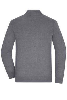 A men's zip cardigan in grey, featuring long sleeves and a collared design. The back view highlights its simple style.