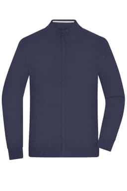 A navy men's zip cardigan with a high collar and long sleeves. It features a zipper down the front and has a logo.