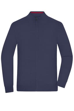 A navy blue men's zip cardigan with long sleeves and a high collar. Features a subtle branding logo.