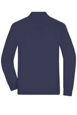 A navy men's zip cardigan with long sleeves and a simple design, featuring a back view.