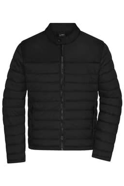 A black padded jacket featuring a zip-up front and a high collar, with a logo on the inside.