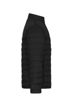 A black padded jacket with a sleek, side profile and a zippered pocket. It features a modern, minimalistic design.