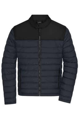 A padded men's jacket featuring a black and navy blue design with a zip front and a collar, also displaying a logo.