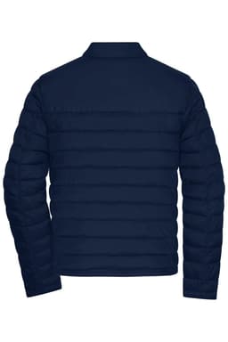 A navy blue men's padded jacket features a quilted design and a collar. It includes a logo on the back.