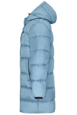 A light blue puffer jacket with a hood, featuring a side zipper pocket and quilted texture.