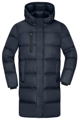 A dark navy puffer jacket featuring a hood and a zippered chest pocket. It has a sleek, insulated design.