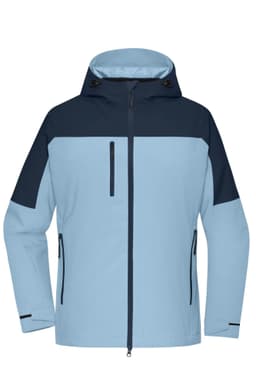 A light blue and navy jacket with a hood, featuring zippered pockets and a logo.