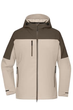 A lightweight ladies' 3-in-1 jacket in beige and brown, featuring a hood and zippered pockets, with a logo.