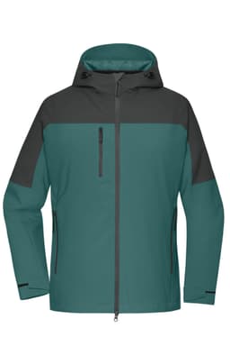 A teal and grey ladies' 3-in-1 jacket with a hood and zippered pockets, featuring a logo on the chest.
