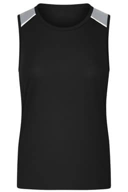 A black ladies' running tank top featuring light grey accents on the shoulders and a logo.
