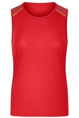 A red ladies running tank with a sleeveless design and contrasting shoulder accents. It features a logo.