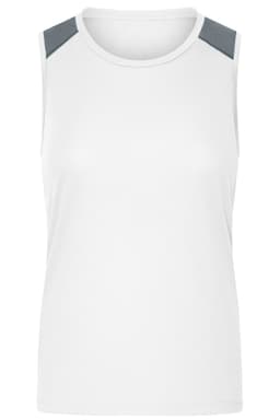 A sleeveless ladies' running tank in white with grey shoulder accents and a logo.