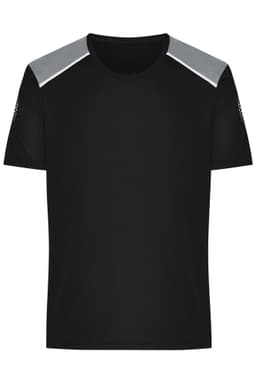 A black men's running T-shirt featuring grey accents on the shoulders and a logo on the sleeve.