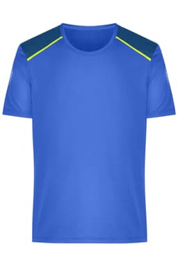 A blue men's running t-shirt with navy and yellow accents and a logo on the sleeve.