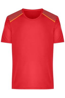 A red men's running T-shirt with contrasting shoulder panels and a logo on one sleeve.