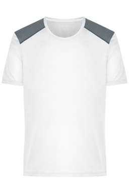 A men's running T-shirt in white with grey shoulder accents. Features a logo on the front.
