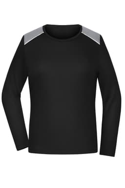 A long-sleeve black running shirt with grey accents on the shoulders and a logo on the front.