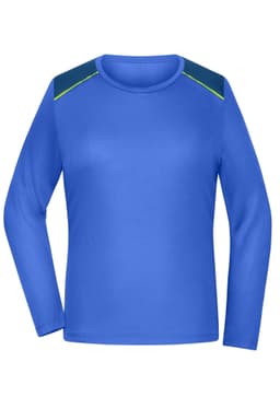 A long-sleeve ladies' running shirt in blue, featuring a dark blue and green accent on the shoulders. It has a simple design and logo.