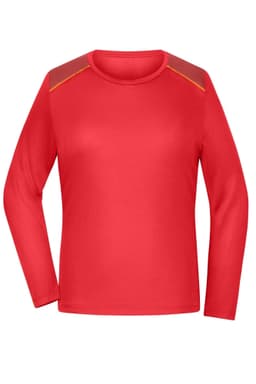A long-sleeve ladies running shirt in vibrant red with contrasting shoulder panels. Features a logo.