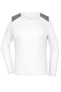 A long-sleeve ladies running shirt in white with grey shoulder accents, featuring a logo on the front.