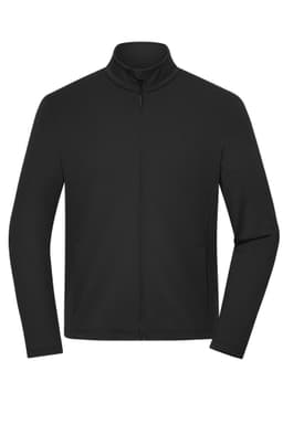 A men's structured fleece jacket in black with a high collar and full zip, featuring a logo on the side.