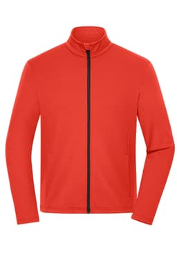 A structured fleece jacket in bright red with a full zip and high collar. Features a logo on one side.