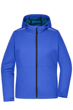 A blue ladies softshell jacket with a hood and a zip front, featuring a logo on one side.