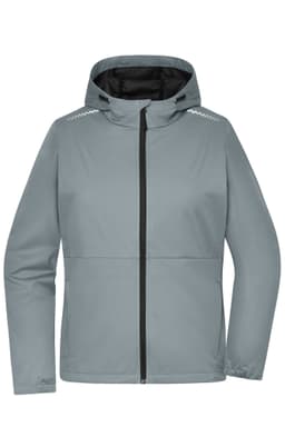 A softshell jacket in light grey with a hood, featuring a zip front and logo on the sleeve.