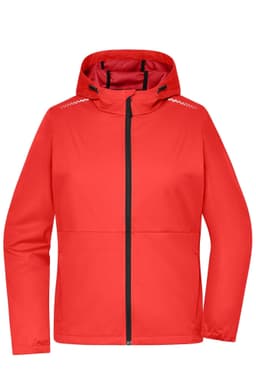 A red ladies' softshell jacket with a hood and a zip closure, featuring a logo on the front.