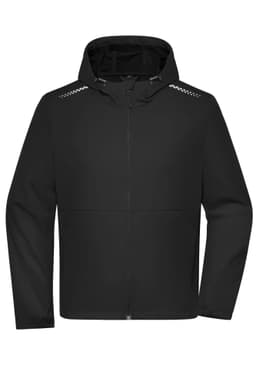 A black men's softshell jacket featuring a hood and reflective detailing on the shoulders. It has a front zip closure.