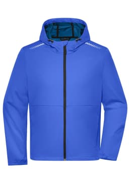 A vibrant blue men's softshell jacket featuring a hood and a contrasting inner lining. It has a logo.