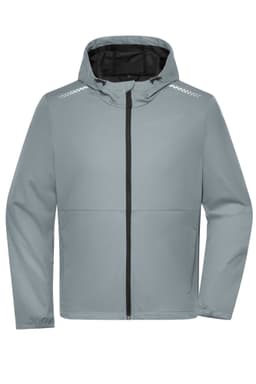 Men's softshell jacket in light grey, featuring a hood and reflective details, with a zip front and a logo.