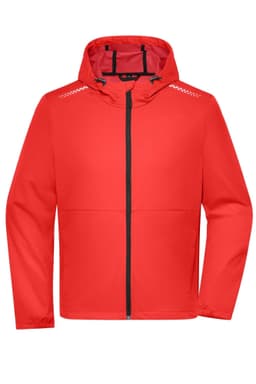 A red men's sports softshell jacket with a hood and a zip front, featuring a logo on the chest.