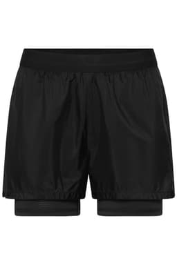 Black ladies' running shorts featuring an inner layer and an elastic waistband. Includes a logo.