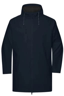 A navy unisex raincoat with a hood and zippered front, featuring a logo on the chest.