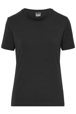 A black ladies' t-shirt with short sleeves, featuring a fitted design and a label inside.