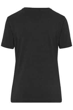 A black ladies' t-shirt with short sleeves, featuring a simple design and a logo on the back.