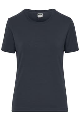A short-sleeved, round-neck women's t-shirt in dark grey with a logo on the chest area.