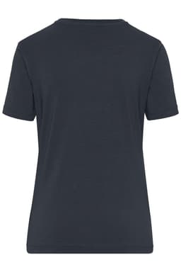 A dark grey women's t-shirt with a classic round neckline and short sleeves, featuring a logo on the back.