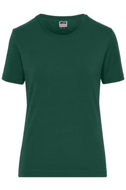 A green short-sleeved t-shirt made from stretchy fabric. The shirt has a round neckline and a label inside.