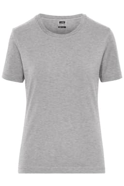 A grey ladies' short-sleeve t-shirt with a round neckline and a logo. Suitable for workwear.